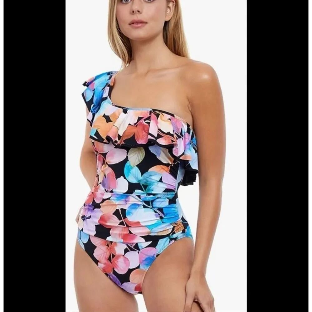 Profile by Gottex colorush floral ruched one shoulder swimsuit 10